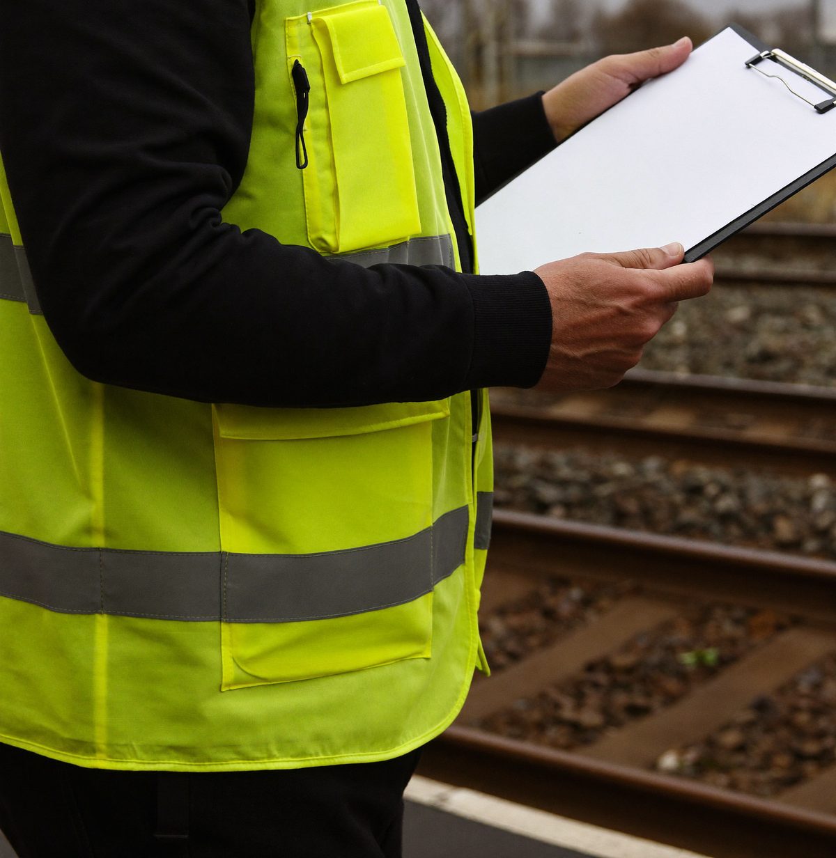 Sicherungsfachkraft mit Klemmbrett an einer Bahnstrecke